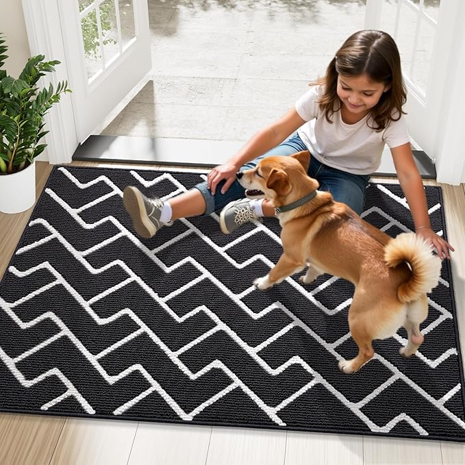 OLANLY Front Door Mat, Non-Slip Rubber Backing, Dirt Resistant and Absorbent, Washable, Easy to Clean Low-Profile Indoor Doormat for Back Door, Entryway, Inside Entrance, 32x20, Deep Black
