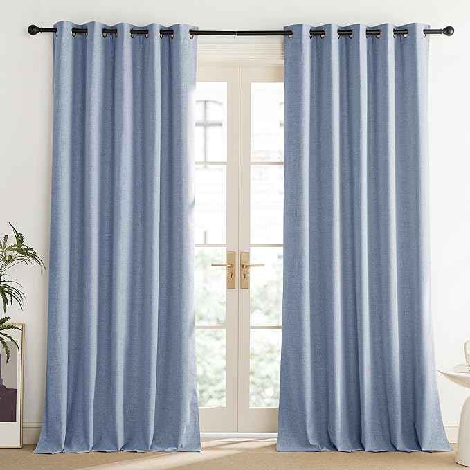 NICETOWN Stone Blue Vintage Linen 100% Blackout Curtains for Living Room, Thermal Insulated Curtains 108“ Long, Noise Reducing Window Treatment Drapes for Home Office, 62" Wide Per Panel, Set of 2