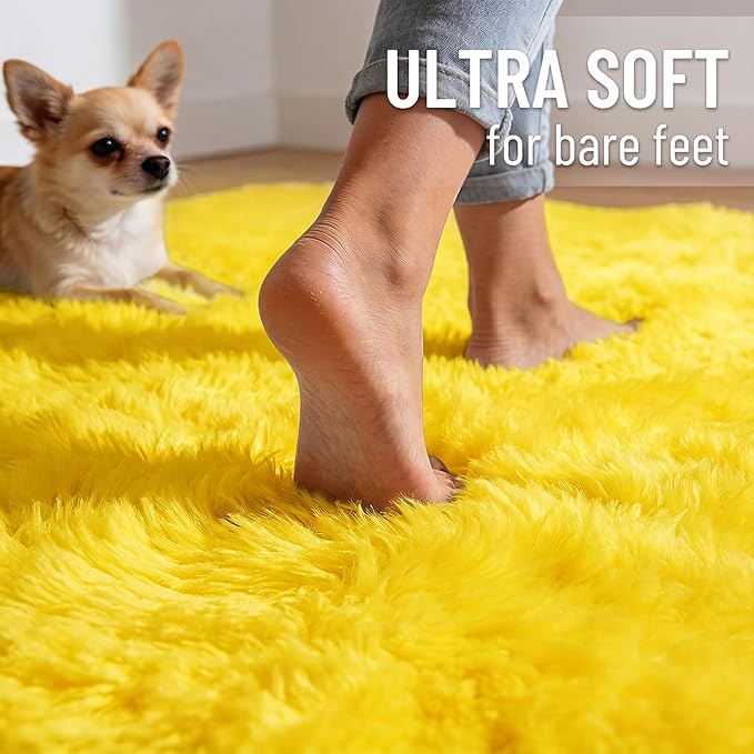 OLANLY 9x12 Machine Washable Large Area Rugs for Living Room, Bedroom, Soft Fluffy Shaggy Bedside Rug, Indoor Floor Carpet for Kids Girls and Boys, Dorms, Nursery, Home Decor Aesthetic, Yellow