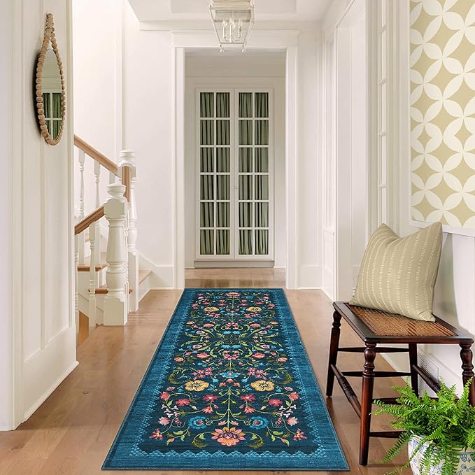 GarveeHome Floral Rug 2x6 Runners for Hallways, Boho Kitchen Runner Rugs Non Slip Bath Runners, Vintage Washable Runner Rug for Bedroom, Soft Long Rugs for Entryway Bathroom Laundry Dorm, Blue