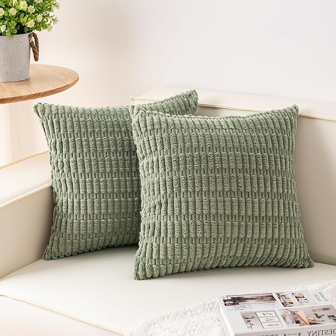 Pack of 2 Corduroy Decorative Throw Pillow Covers 22x22 Inch Soft Striped Pillow Covers Modern Farmhouse Home Decor for Sofa Living Room Couch Bed（Sage Green）