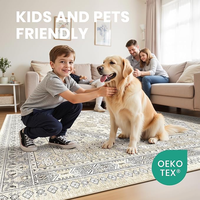 zesthome 5x7 Area Rugs - Ultra-Thin Washble Rug, Stain Resistant Anti Slip Backing Rugs for Living Room,Bedroom, Vintage Home Decor Area Rug (Beige,5'x7')