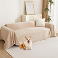 MYSKY HOME Khaki Sectional Sofa Covers Chenille Couch Cover for Dogs Solid Sofa Cover for 3 Cushion Couch Washable Couch Covers with Tassel Edge L Shape Sofa Throw Large Sofa Slipcover, 91" X134"