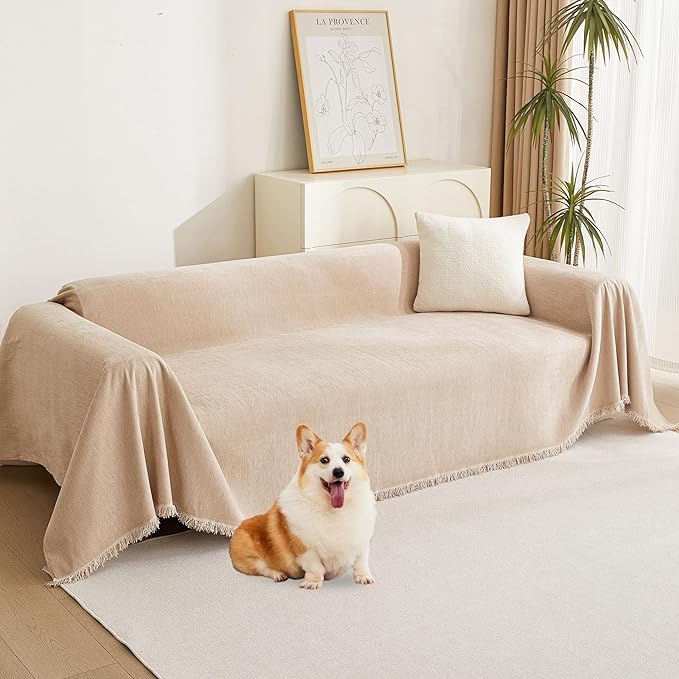 MYSKY HOME Khaki Sectional Sofa Covers Chenille Couch Cover for Dogs Solid Sofa Cover for 3 Cushion Couch Washable Couch Covers with Tassel Edge L Shape Sofa Throw Large Sofa Slipcover, 91" X134"