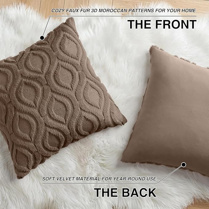 decorUhome Throw Pillow Covers 26x26 Inch Set of 2, Soft Plush Faux Wool Brown Solid Couch Pillow Covers, Accent Euro Sham Farmhouse Neutral Square Pillow Cases for Sofa Bed Living Room