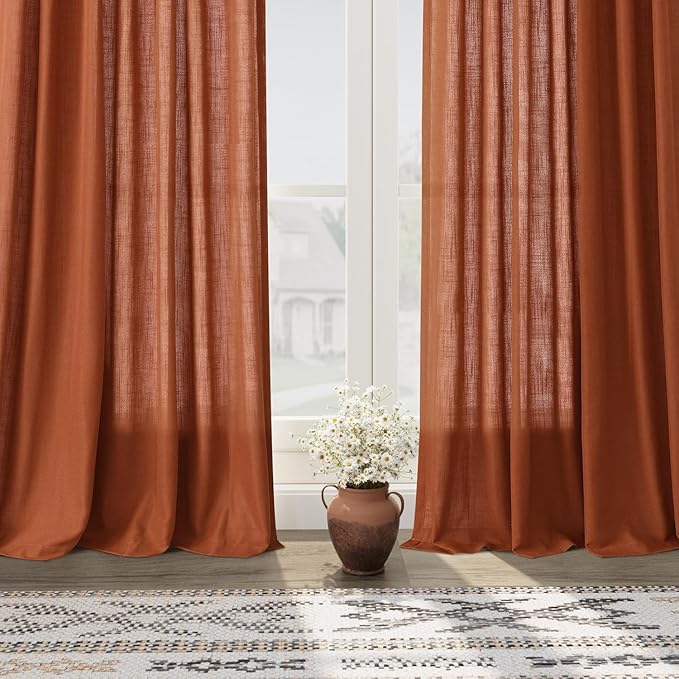 Nanspring Extra Wide Long Curtains for Living Room 108 Inches Long Back Tab Terracotta Linen Semi Sheer Rustic Farmhouse Boho Floor to Ceiling High Window Curtain for Bedroom Luxury 100x108, 2 Panels