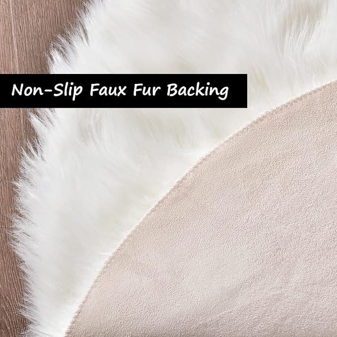 Goolela White Round Rug 3ft Fluffy Faux Sheepskin Fur Rug Small Circle Fuzzy Furry Rug for Bedroom Dorm Bedside Plush Washable Carpet