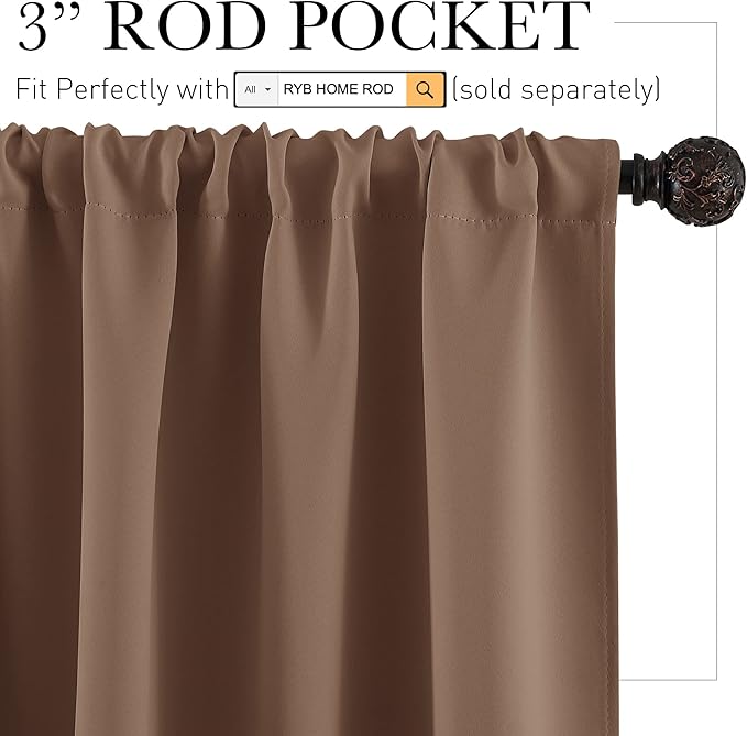 RYB HOME Basement Bathroom Kitchen Cafe Blackout Privacy Curtains, Short Insulating Light UV Heat Blocking Privacy Curtain Tiers for Laundry Room, Width 34 by Length 30, Mocha, 2 Panels