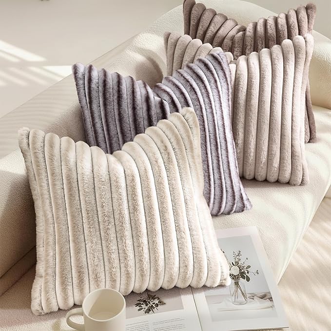 decorUhome Summer Cozy Faux Fur Throw Pillow Covers 16x16 Set of 2 Decorative Soft Plush Striped Modern Farmhouse Boho Couch Pillow Cases with Velvet Back for Sofa Bed Living Room, Beige White