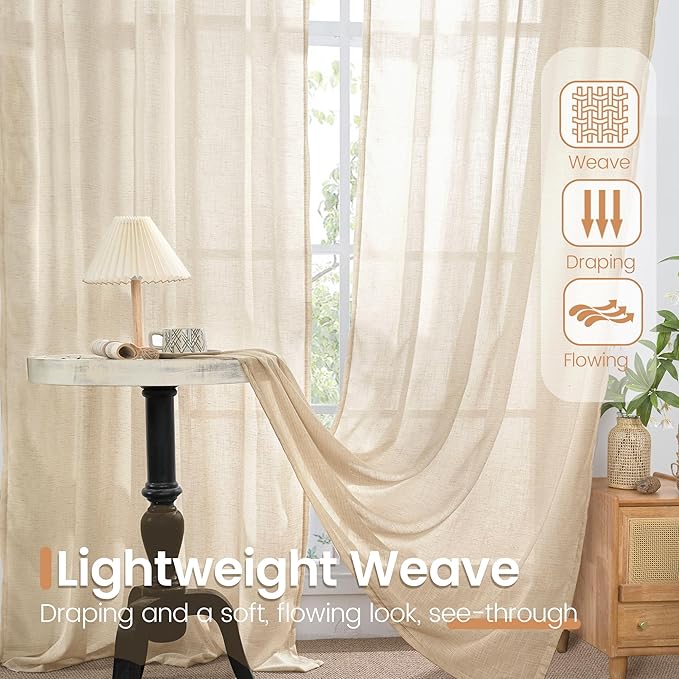 BGment Short Natural Linen Curtains 36 Inch Length for Windows, Small Sheer Drapes Lightweight Rustic Textured for Bathroom Over Sink Cafe Decor Rod Pocket, 2 Panels Set, 24 Inch Wide