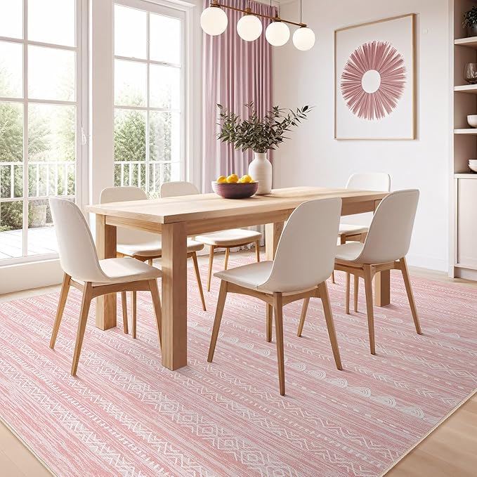 Nakagishi Pink Rugs for Bedroom Girls: 5x8 Washable Boho Large Neutral Area Rug Cute Soft Modern Indoor Floor Non Slip Accent Carpet for Living Room Nursery Kids Playroom Dorm Preppy Baby Room Decor