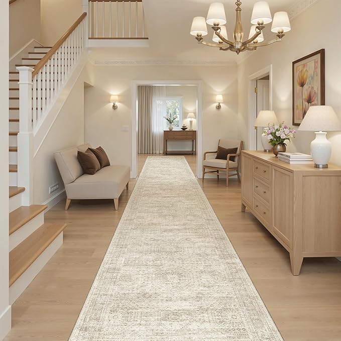 Runner Rug 2'6" x 16' Washable Non-Slip 2.5x16 ft Long Runner Rugs for Kitchen Bathroom Laundry Room Vintage Ultra Thin Runners for Hallway Entryway Beige