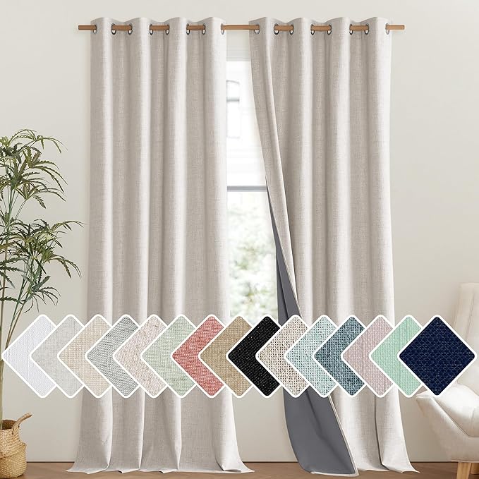NICETOWN Brich Vintage Open Linen Weave Flax Thermal Curtains, 100% Blackout Curtains 108" Long for Dining Room, Soundproof Window Treatment Drapes for Hall Room, 52" Wide Per Panel, Set of 2