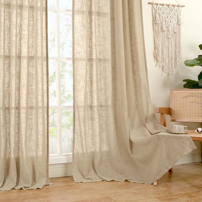 LAMIT Living Room Linen Curtains 95 Inch for Bedroom, Back Tab and Rod Pocket Linen Textured Sheer Curtains Light Filtering Burlap Drapes for Farmhouse, 2 Panels, 52 x 95 Inch, Brown