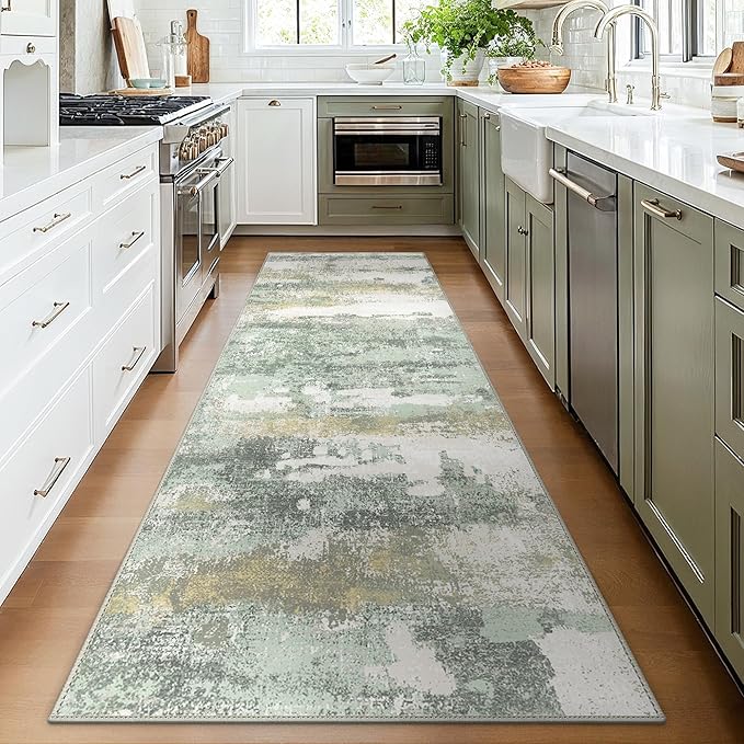 BEIMO Runner Rug for Hallway Kitchen, 2x8 Machine Washable Runners Rug for Entryway, Light Green Soft Modern Abstract Throw Rugs, Low Pile Floor Carpet with Non Slip Backing