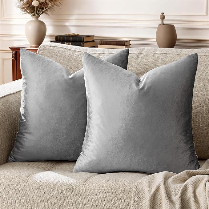 GIGIZAZA Velvet Dark Grey Throw Pillow Covers,20x20 Square Pillow Covers Set of 2 Decorative Modern Pillows for Living Room Couch Sofa Luxury Solid Pillow Cases