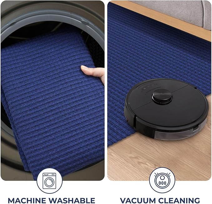 KOZYFLY Runners for Hallways 2x6 ft Washable Kitchen Runner Non Slip Rubber Backed Hall Runners Cotton Entryway Runner Rugs Floor Carpet for Indoor Backdoor Bedroom Kitchen, Royal Blue/Navy