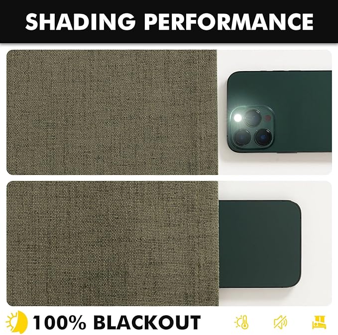 MIULEE 100% Blackout Linen Curtains for Bedroom, Light Olive Green Solid Luxury Decor Thermal Insulation Room Darkening Drapes for Living Room Nursery Back Tab Rod Pocket 42 x 96 Inches, 2 Panels