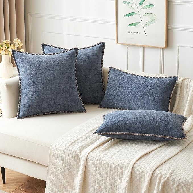 MIULEE Pack of 2 Couch Throw Pillow Covers 18x18 Inch Dark Grey Blue Farmhouse Decorative Pillow Covers with Stitched Edge Soft Chenille Solid Dyed Spring Pillow Covers for Sofa Bed Living Room