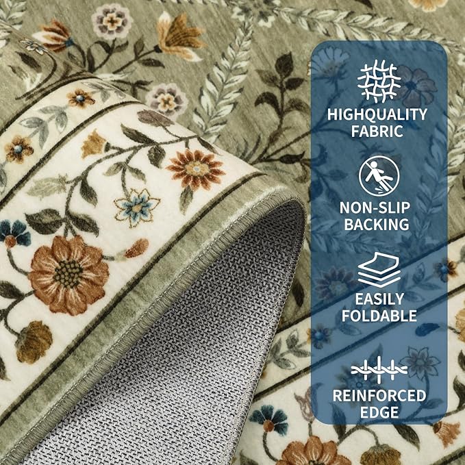 Washable Kitchen Runner 2x6 Non-Slip Floral Carpet Runner for Entryway Indoor Ultra Soft Stain Resistant Long Rugs Farmhouse Floor Mat for Hallways Laundry Bedroom Green
