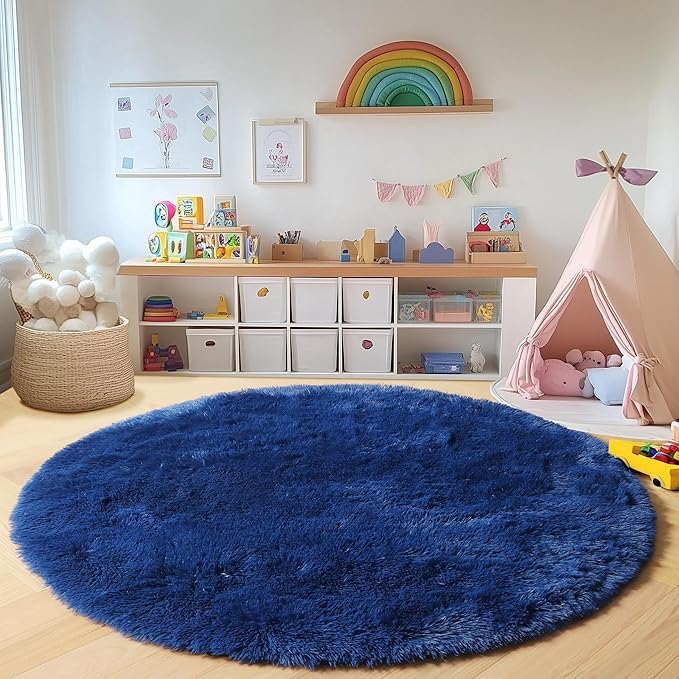 ONASAR Navy Blue Round Rugs 6ft for Living Room Bedroom, Fluffy Circle Area Rug for Kids Girls Boys Teen, Soft Plush Shaggy Carpet for Nursery Dorm Classroom Playroom Home Decor Aesthetic