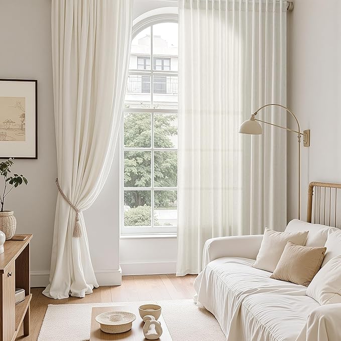 Nanspring Natural Linen Curtains for Living Room 98 Inches Long Rustic Farmhouse Decor Light Filtering Semi Sheer Curtain Back Tab and Rod Pocket Luxury Drapes for Bedroom Office 52x98, 2 Panels