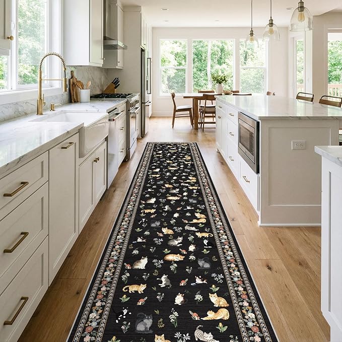 2x12 Washable Hallway Runner Rug - Soft Low Pile Floral Animal Cat Print Rugs with Non-Slip Backing Waterproof Stain-Resistant Indoor Carpet for Kitchen Entryway Bathroom Bedroom (Black)