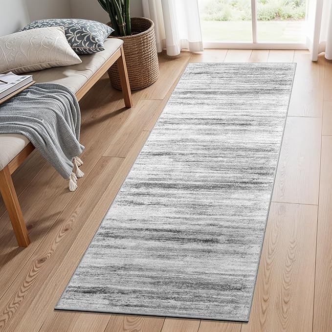 2x8 Washable Runner Rug for Family: Easy-to-Clean Runners for Hallway Entryway Bedroom - Stain and Water Resistant Rugs with Non-Slip Backing - Soft Low-Pile Carpet Grey
