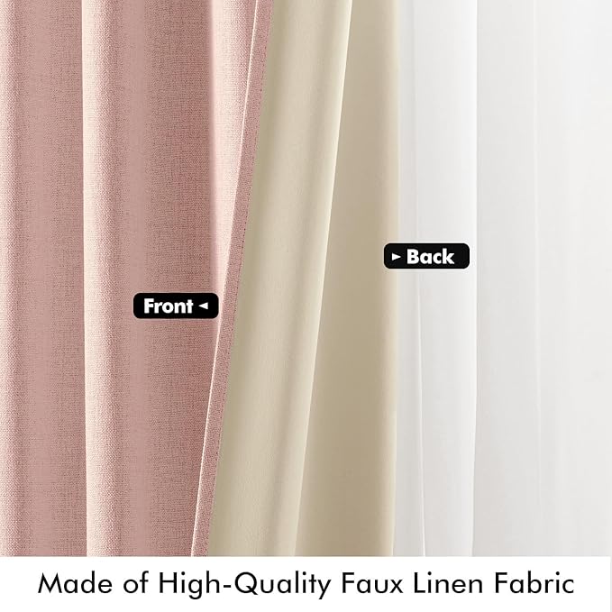MIULEE 100% Blackout Linen Curtains for Bedroom, Blush Pink Solid Luxury Decor Thermal Insulation Room Darkening Drapes for Living Room Nursery Back Tab Rod Pocket 42 x 84 Inches, 2 Panels