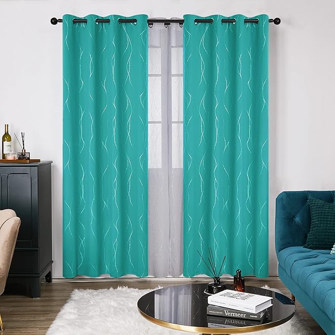 Deconovo Blackout Curtains for Living Room, Thermal Insulated Soundproof Drapes with Wave Dot Foil Print, 52 x 84 Inch, Set of 2, Machine Washable Window Curtain for Bedroom Nursery Kitchen, Turquoise