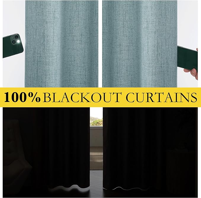 NICETOWN 100% Absolutely Blackout Linen Curtains with Thermal Insulated Liner, Skylark Blue, 52" Wide, 102" Length Energy Saving Curtains for Living Room 2 Panels Set, Vertical Blinds