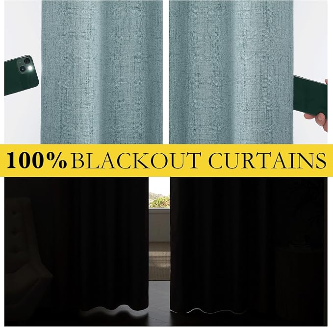 NICETOWN 100% Absolutely Blackout Linen Curtains with Thermal Insulated Liner, Skylark Blue, 62" Wide, 72" Length Energy Saving Curtains for Playroom 2 Panels Set, Vertical Blinds