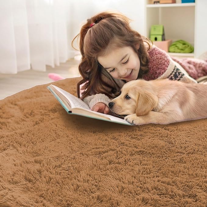 OLANLY Khaki Round Rugs for Bedroom - Machine Washable, 4 ft Circle Area Rugs for Living Room, Soft and Fluffy Shaggy Carpet for Teen Girl and Boys, Nursery Rooms, Dorms, Home Decor Aesthetic
