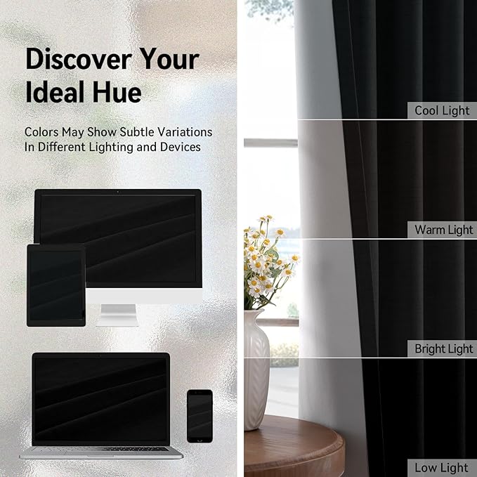 100% Blackout Shield Linen Blackout Curtains for Bedroom, Black Grommet Curtains for Living Room, Thermal Insulated Room Darkening Drapes for Nursery, Boho Home Decor, 50" W x 96" L, 2 Panels