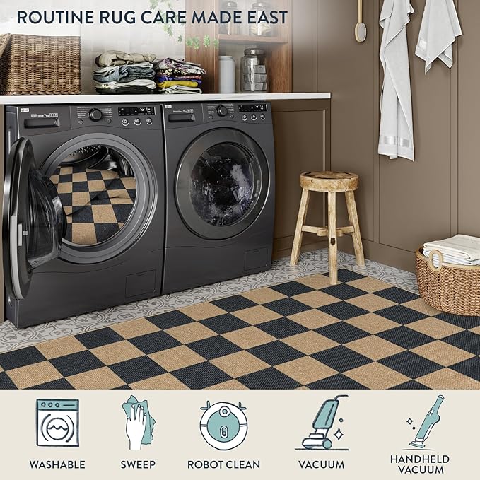 Lahome Colette Checkered Easy Jute 8x10 Rug, Washable Rugs for Living Room Office, Farmhouse Neutral Non Slip Non Shedding Stain Resistance Indoor Outdoor Carpet for Balcony Patio Classroom