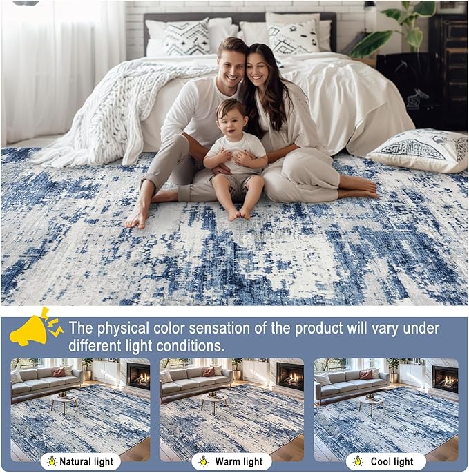 Area Rugs 10x14 Living Room - Washable Rug Modern Abstract Soft Large Neutral Non-Slip Carpet Indoor Floor Thin Carpets for Bedroom Dining Room Farmhouse Nursery Home Office Blue Gray
