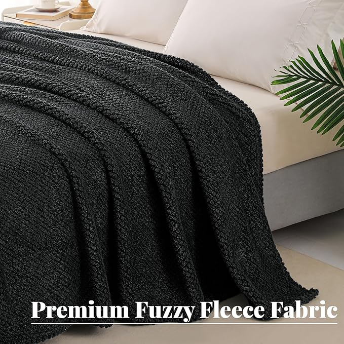 Whale Flotilla King Size Fuzzy Fleece Blanket for Bed, 90x104 Inch Fluffy Warm Soft Jacquard Blankets for All Season, Lightweight and Cozy, Black