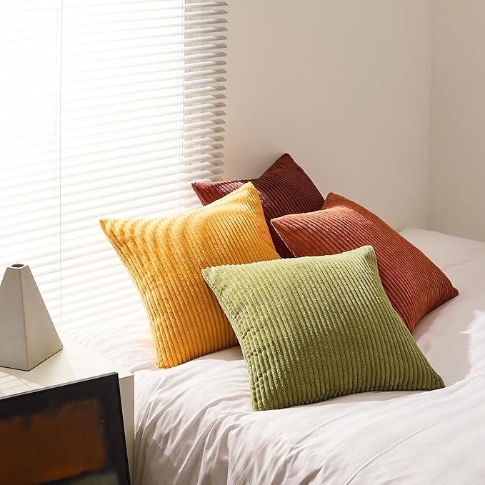 Topfinel Fall Burnt Orange Decorative Throw Pillows Covers 24x24 Inch Set of 4,Yellow Green Gradient Series Corduroy Striped Square Pillow Case,Western Modern Cushion Cover for Couch Sofa Bedroom