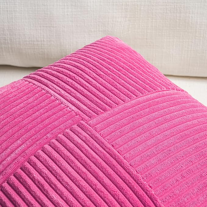 Fancy Homi 2 Packs Hot Pink Decorative Throw Pillow Covers 16x16 Inch for Living Room Couch Bed Sofa, Rustic Farmhouse Boho Home Decor, Soft Corss Patchwork Corduroy Textured Cushion Case 40x40 cm