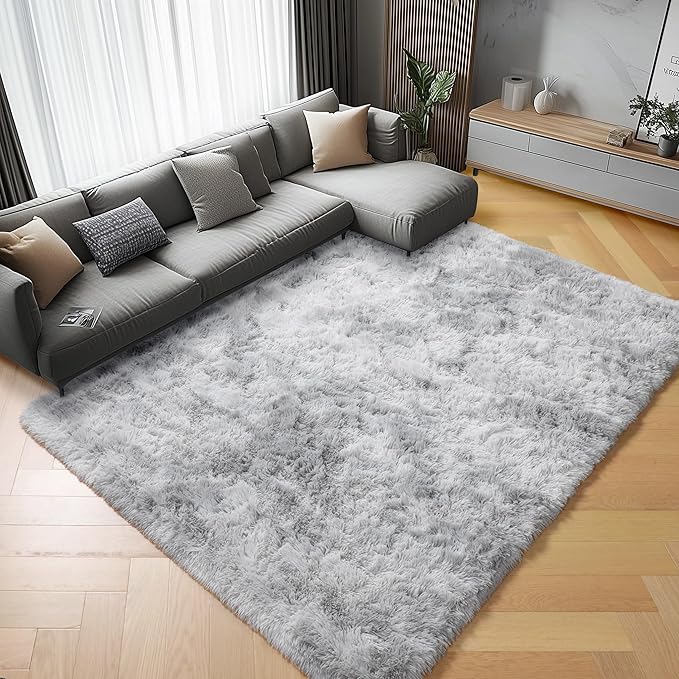 ONASAR 8x10 Area Rugs for Living Room, Tie-Dyed Light Grey Large Fluffy Shag Bedroom Rug, Soft Plush Thick Shaggy Big Floor Carpet for Kids Boy and Girls Teen Dorm Nursery Indoor Home Decor