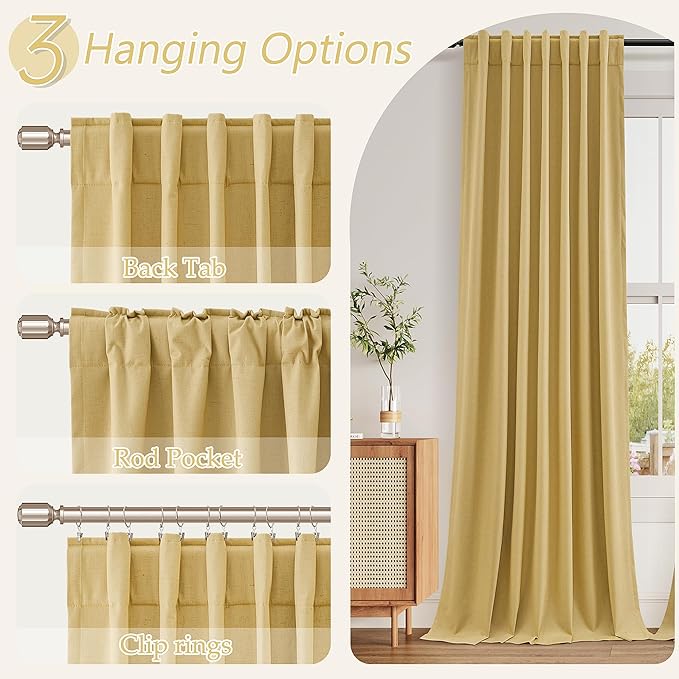 Guken 100% Blackout Curtains 102 Inch Length 2 Panels Set for Living Room Bedroom Back Tab Thermal Insulated Black Out Linen Drapes Room Darkening Window Curtains Gold Yellow 52x102