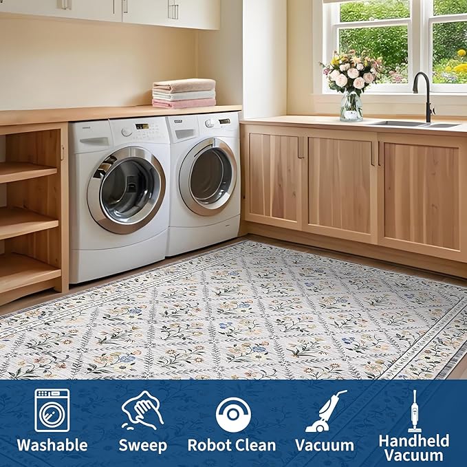GarveeHome Grey Floral Rug 4x6 Rug Machine Washable Area Rug for Living Room Farmhouse Floral Low Pile for Dining Room, Bedroom Indoor Foldable Non-Slip Grey Beige RV