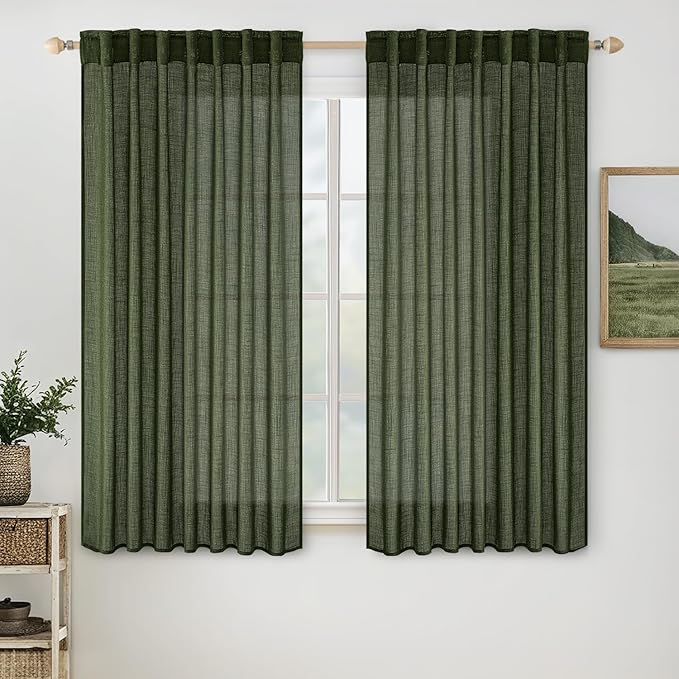 MIULEE Olive Green Short Linen Curtains 45 Inch Length 2 Panels for Kitchen Bedroom Bathroom, Soft Thick Linen Textured Basement Window Drapes Semi Sheer Light Filtering Back Tab Burlap Look Decor