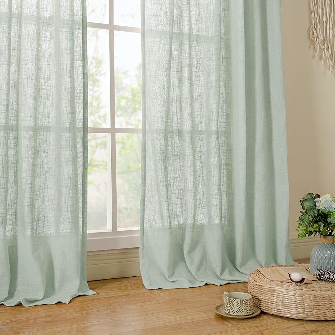 LAMIT 63 Inch Semi Sheer Linen Curtains, Light Filtering Panels Back Tab and Rod Pocket Neutral Drapes for Bedroom/Living Room, Light Sage, 2 Panels, 34 x 63 Inch