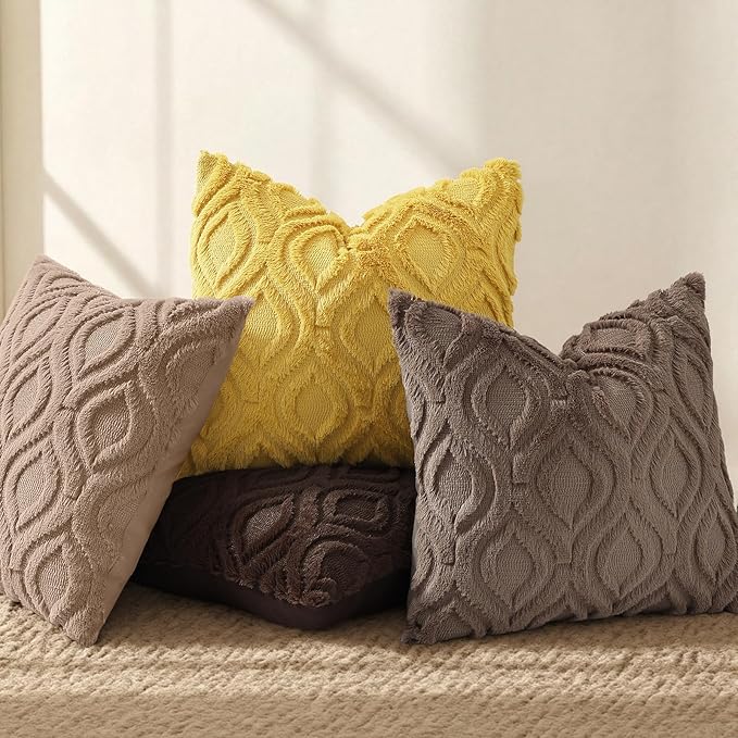 decorUhome Throw Pillow Covers 22x22 Inch Set of 2, Soft Plush Faux Wool Brown Solid Couch Pillow Covers, Accent Euro Sham Farmhouse Neutral Square Pillow Cases for Sofa Bed Living Room