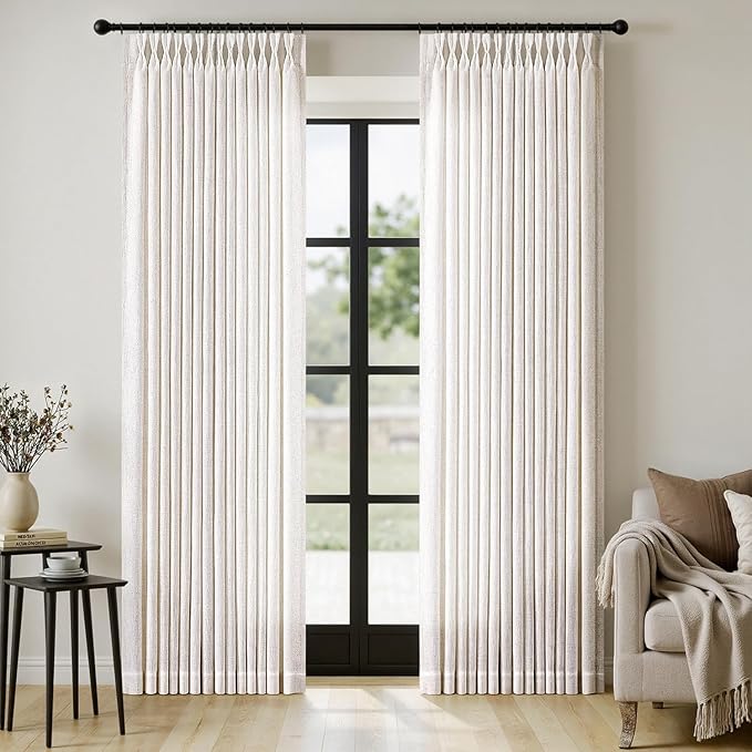 MIULEE Extra Wide 60 Inch Width Pinch Pleated Thick Linen Curtains 90 Inches Long 2 Panels for Patio Sliding Glass Door Living Room Bedroom Large Windows, Memory Trained Nautral Drapes Hooks&Rings