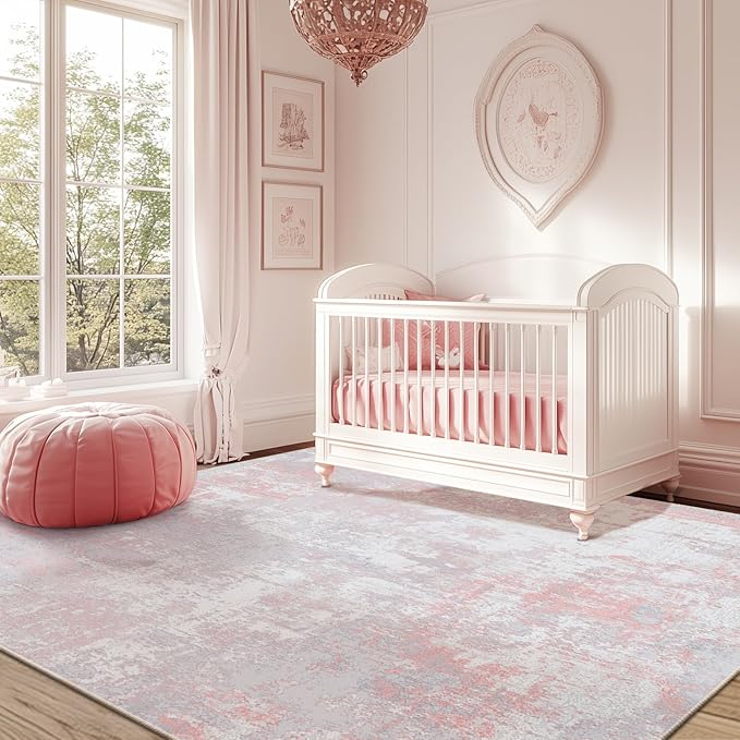 Washable Area Rugs 4'x5' Non-Slip Modern Abstract Soft for Living Room Entryway Bedroom Nursery, Print Pattern, Grey Pink