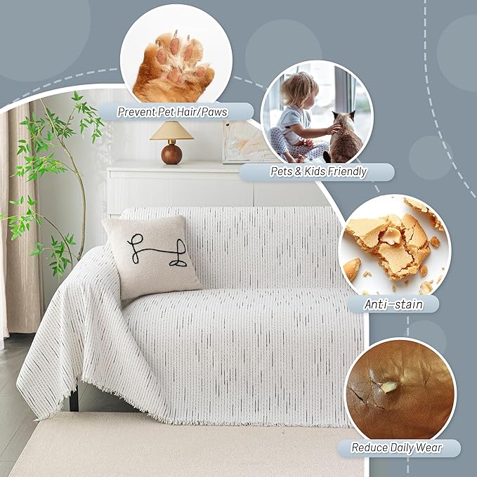 MYSKY HOME Couch Covers for 3 Cushion Couch Sofa, Sectional Couch Cover L Shape Chenille Couch Cushion Covers for Pets, Furniture Protector Cover for Dogs, Kids, 71"X150", White
