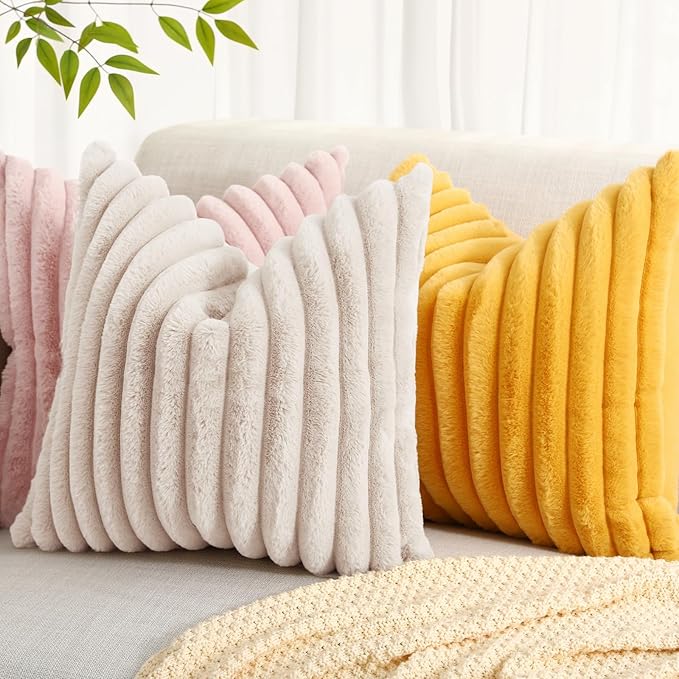 decorUhome Summer Cozy Faux Fur Throw Pillow Covers 12x20 Set of 2 Decorative Soft Plush Striped Lumbar Modern Farmhouse Boho Couch Pillow Cases with Velvet Back for Sofa Bed Living Room, Beige