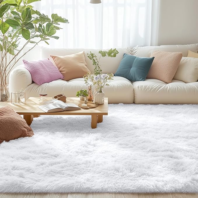 OLANLY 5x5 Area Rugs for Living Room Bedroom, Machine Washable Soft Fluffy Shaggy Bedside Rug, Indoor Floor Carpet for Kids Girls and Boys, Dorms, Nursery Rooms, Home Decor Aesthetic, White